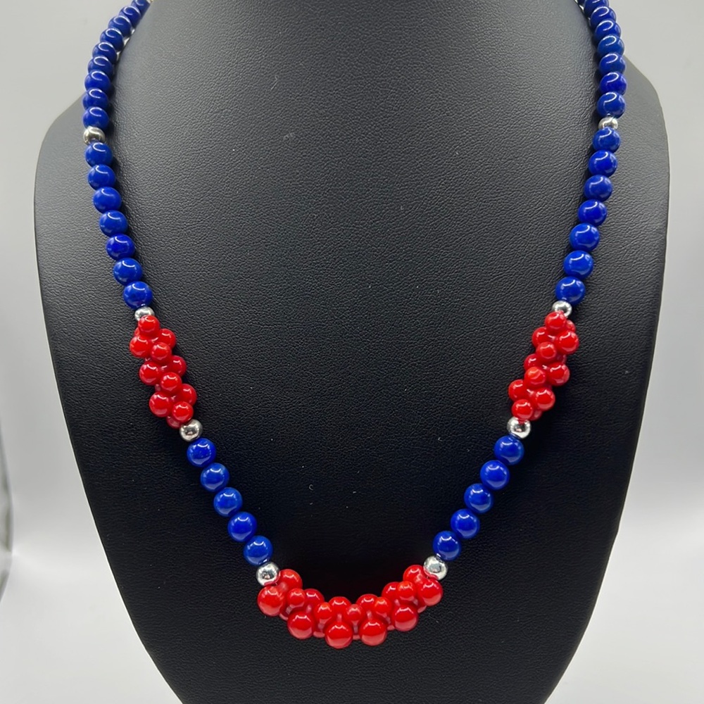 ARTISAN RED CORAL, LAPIS, PEARL, AND STERLING SILVER 20” NECKLACE